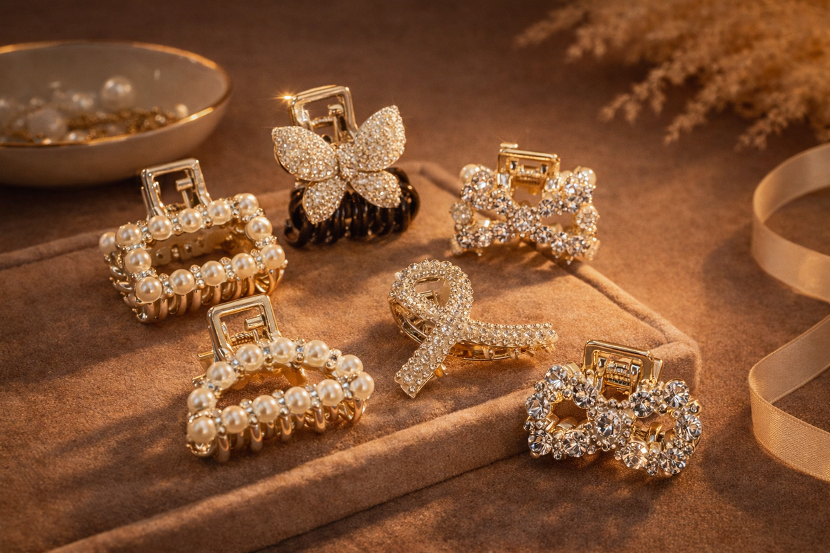 Ornate hair claws with pearl and rhinestone detail on almond velvet.