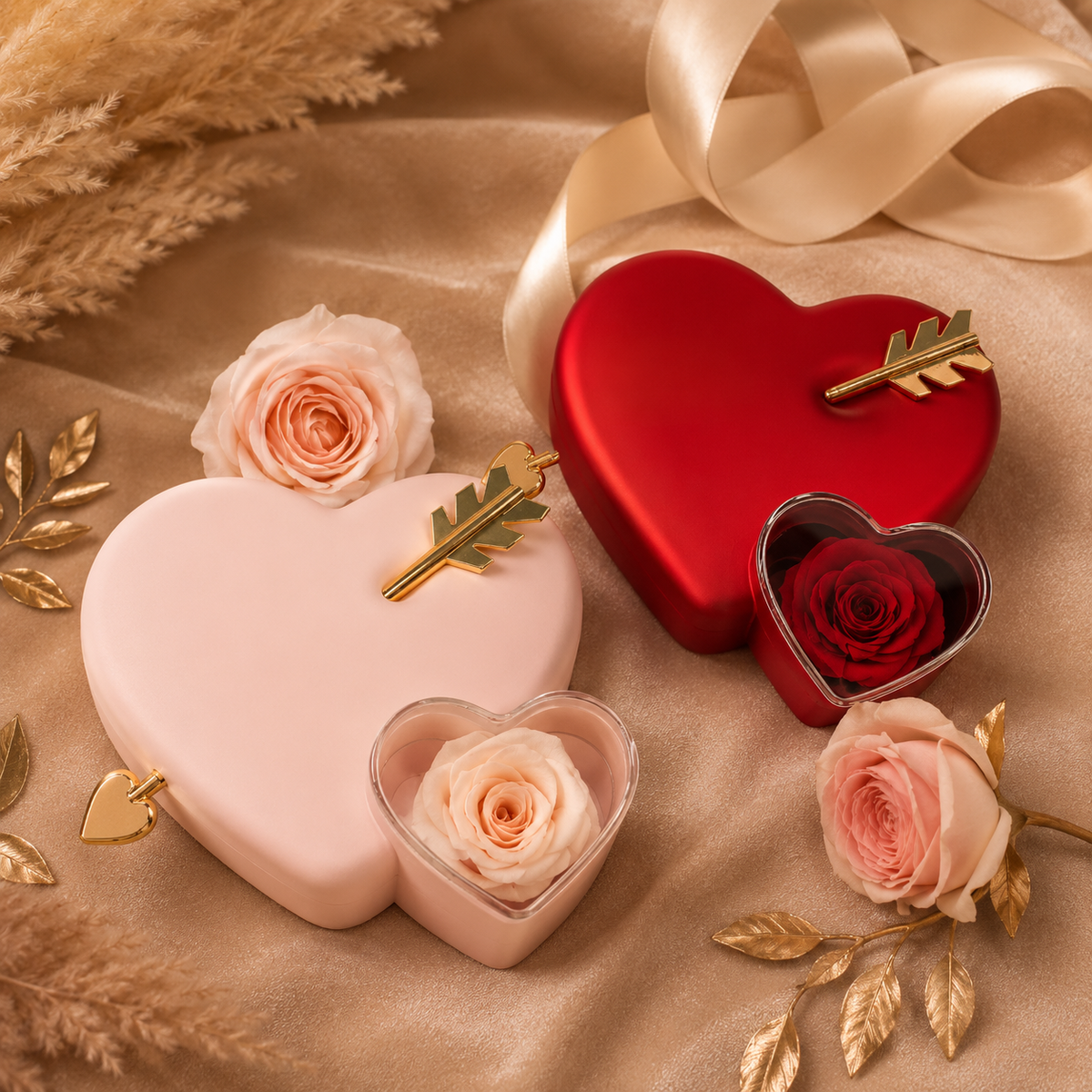 Heart-shaped gift boxes in pink and red, each holding a preserved rose under a clear dome.