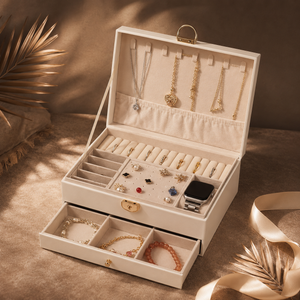 An open cream-colored jewelry box with a hinged lid and a pulled-out drawer, styled on a brown textured surface with warm lighting and decorative palm leaves. The box contains multiple compartments, velvet necklaces, rings, earrings, bracelets, and a watch on a display stand.
