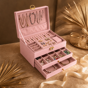 A pink velvet jewelry organizer box with an open lid displaying necklaces and two pull-out drawers containing rings, bracelets, and earrings, styled on a beige surface with decorative dried palm leaves and ribbons.