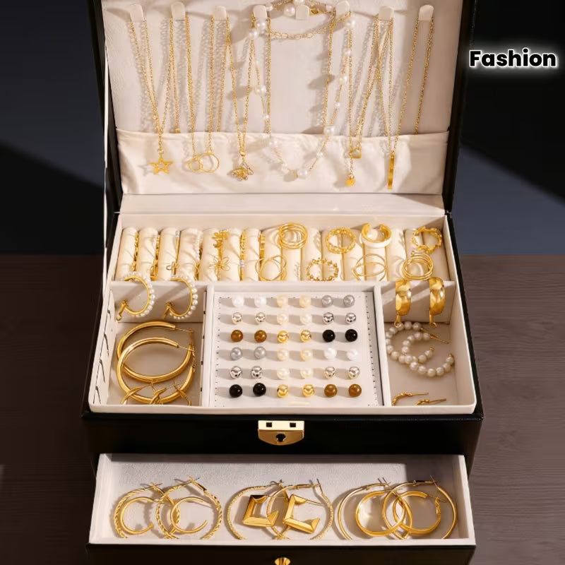 Two-Layer Jewellery Box — Velvet-Lined (+ FREE Set of 9 pieces jewelry bundle )