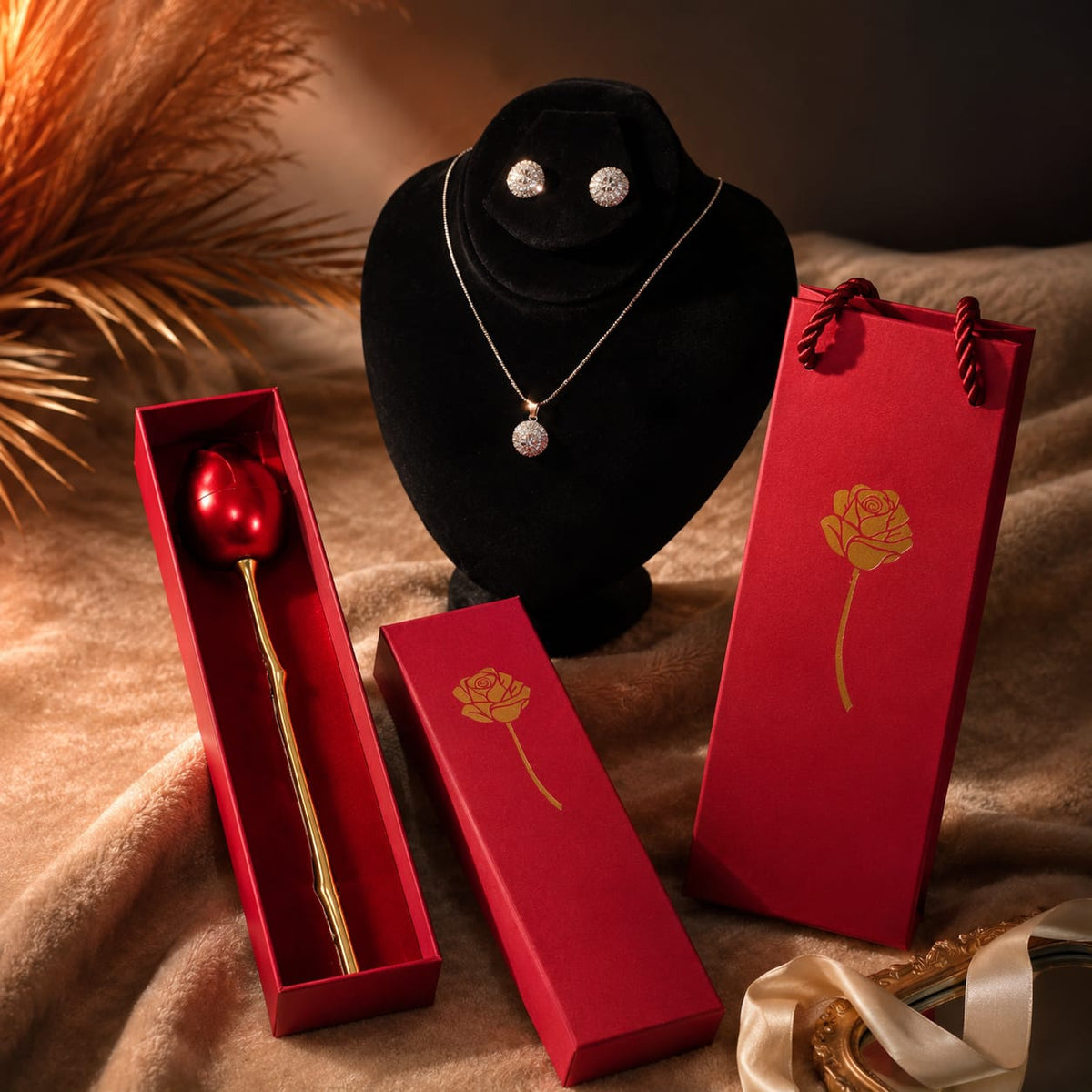 A jewelry gift set displayed on a beige fabric surface, featuring a silver necklace with a round clear stone pendant on a black display bust, a red gift box containing a red rose-shaped stick with a gold stem, a closed red gift box with a gold rose print, a red gift bag with a gold rose print, and a cream ribbon.