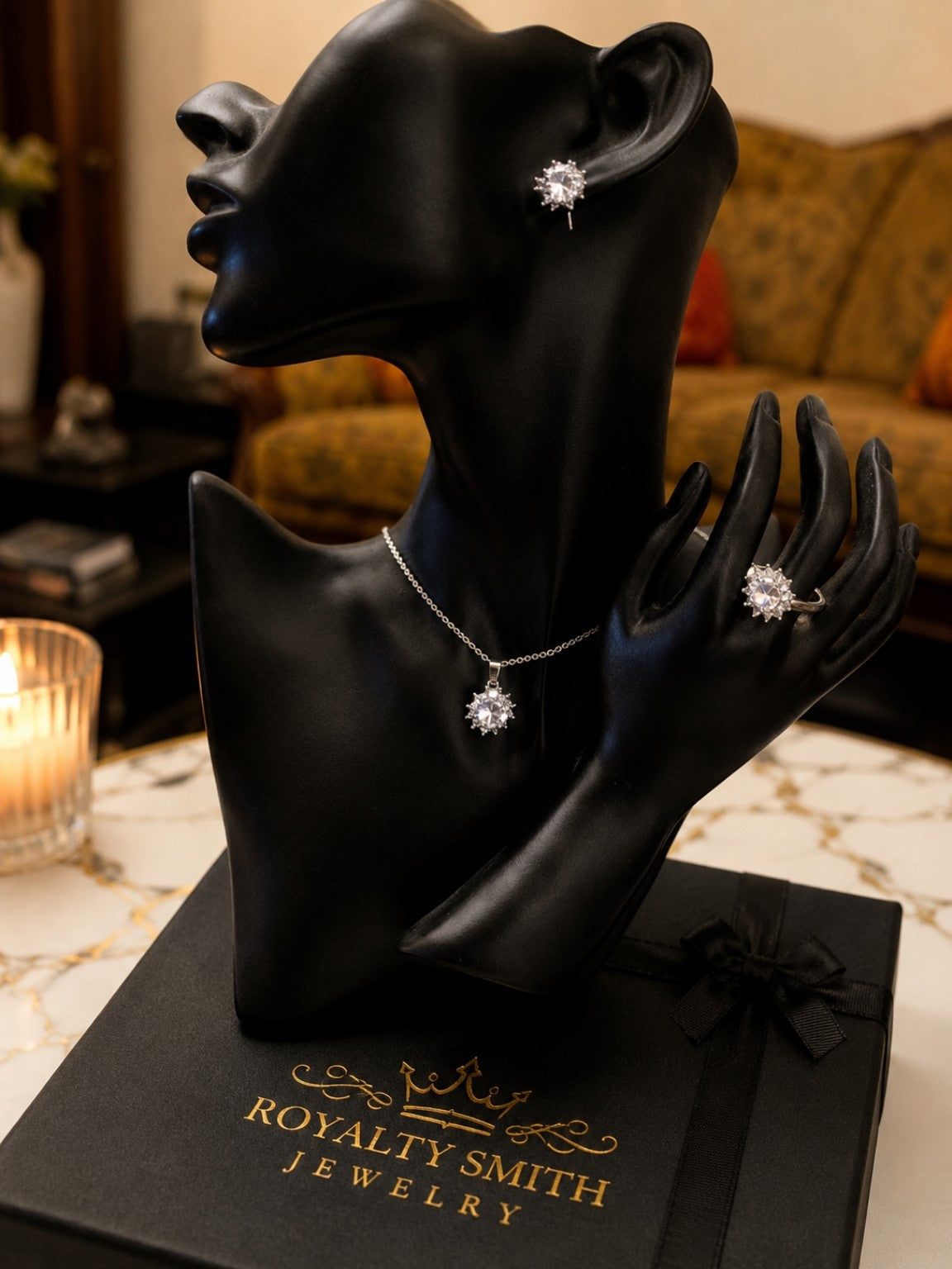 The free crystal jewellery set — silver-tone necklace, earrings and ring