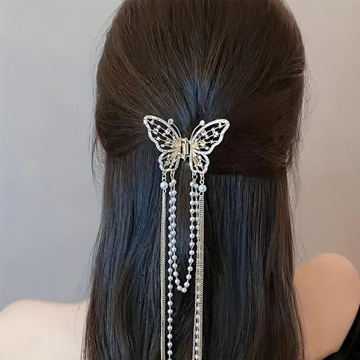 Butterfly Shark Clip Imitation Pearl Chain Tassel Hair Claw Clip