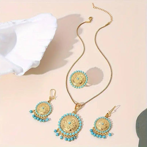 22K Golden Plated Copper  Round Pendant Necklace Set