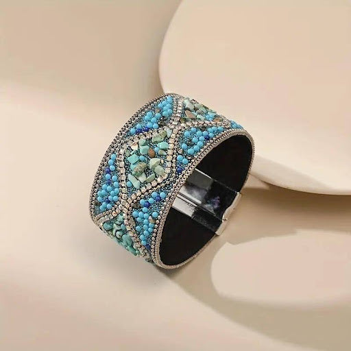 Boho Blue Beaded Faux Leather Bracelet
