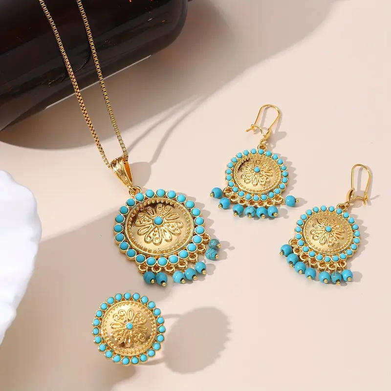 22K Golden Plated Copper  Round Pendant Necklace Set