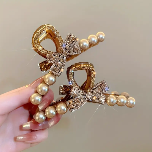 Chic Rhinestone & Pearl Bow Hair Claw