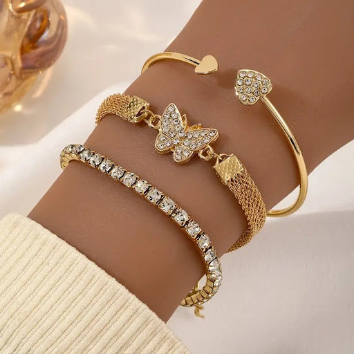 3pcs Butterfly Charm Bracelet Set With Rhinestones