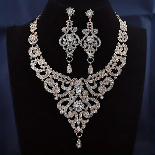 Silver Rhinestone Flower Set 3pcs Earrings + Necklace