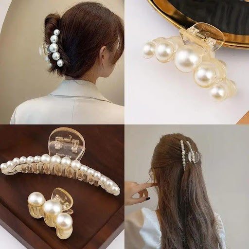 Elegant 4pcs Set of Large White Faux Pearl Hair Claws