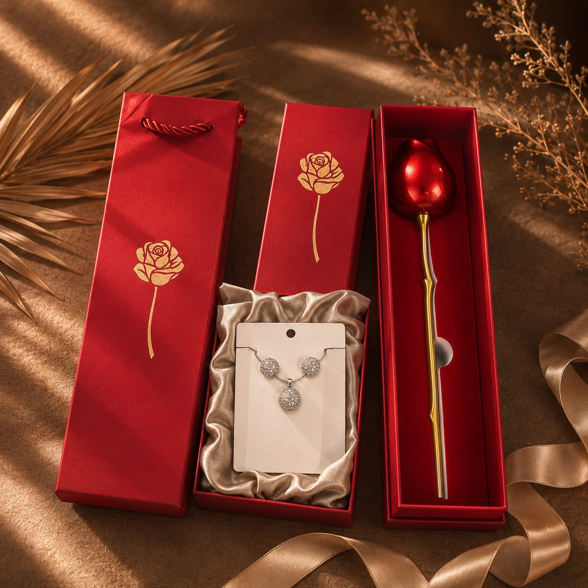 A gift set containing a red rose-shaped stem with a red top and gold stem, alongside a silver necklace with a matching pendant, all presented in red gift boxes with gold rose illustrations on a brown satin background.