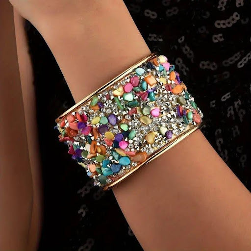 Colorful Shell & Rhinestone Wide Bangle Bracelet
