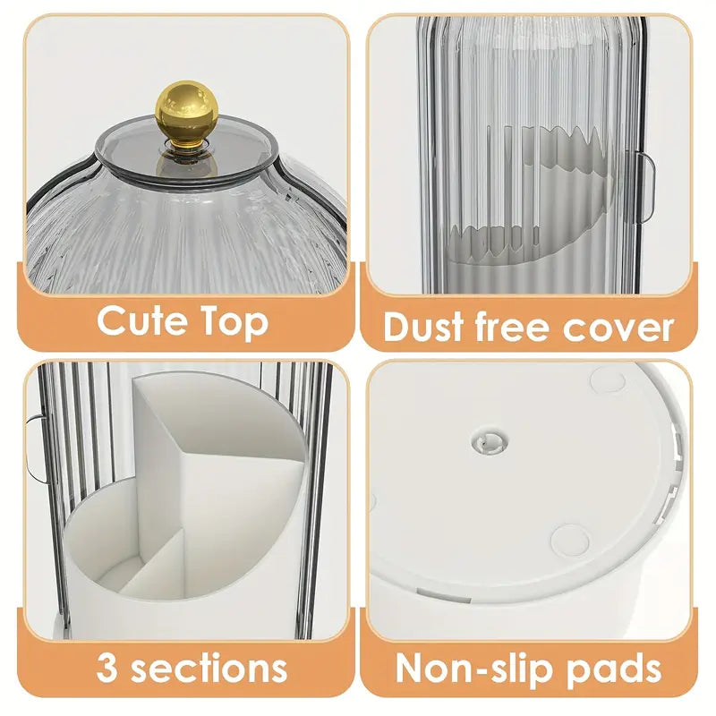Stylish cylindrical design with ribbed texture, 360-degree rotating makeup organizer