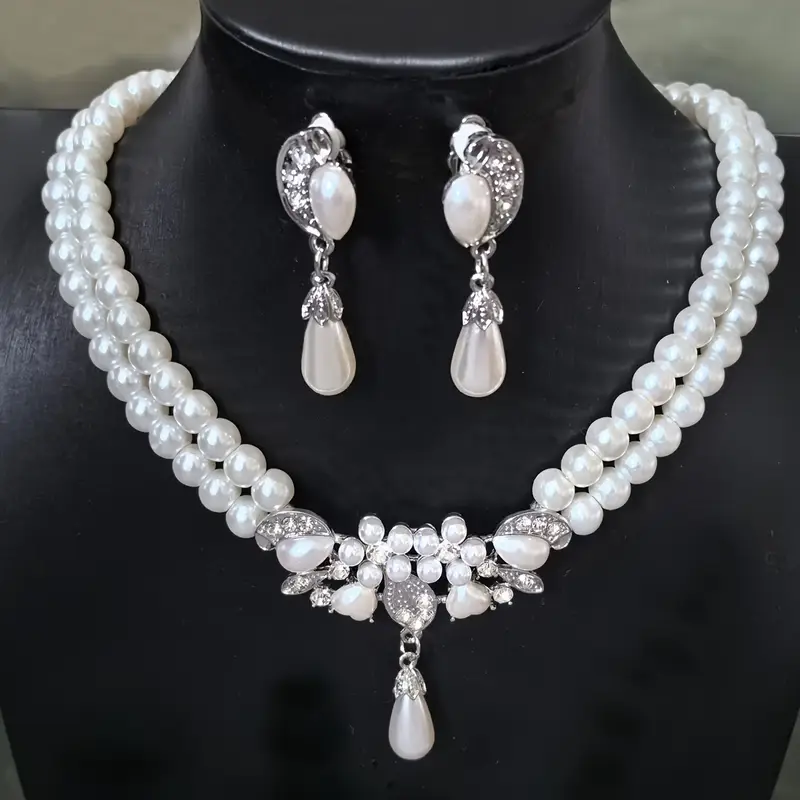 3-Piece Set,Silver Glass Pearl Necklace with Earrings