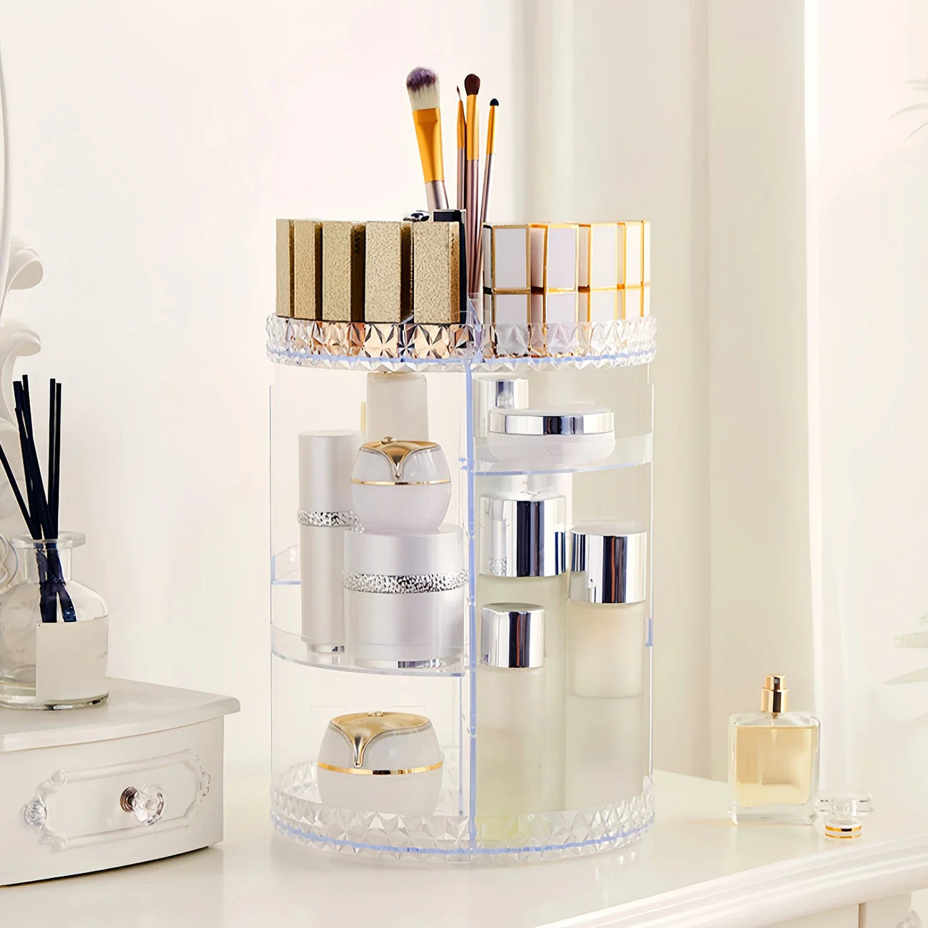 Adjustable Cosmetic Display Cabinet, Multifunctional Transparent Three-Tier