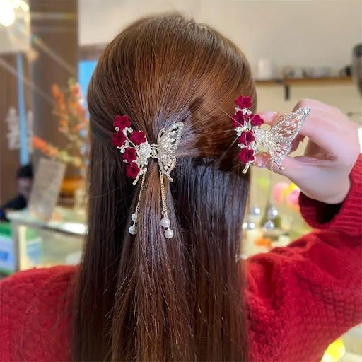 Elegant Red Rose & Butterfly Tassel Hair Clip with Faux Pearls