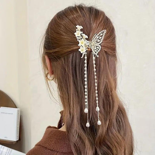 Butterfly Tassel Hair Clip with Faux Pearls