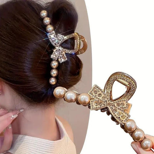 Elegant Rhinestone & Faux Pearl Bow Hair Claw