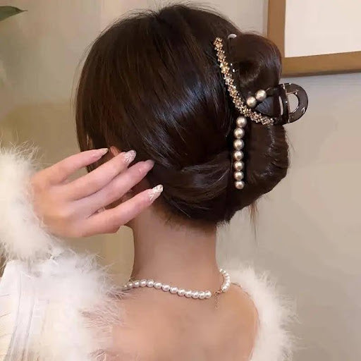 Elegant Champagne Hair Claw Clip with Imitation Pearls and Rhinestones