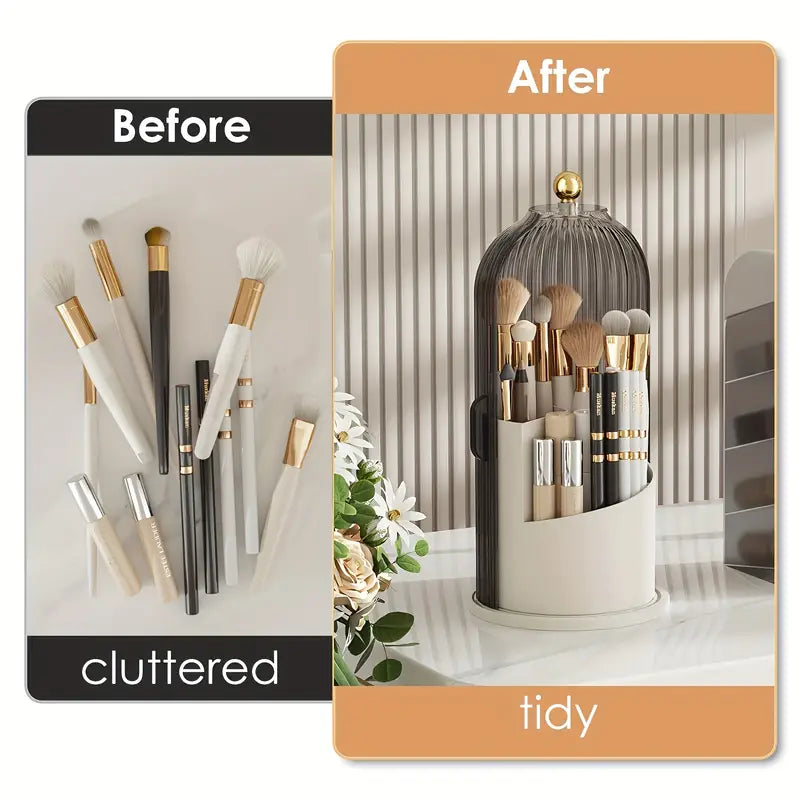 Stylish cylindrical design with ribbed texture, 360-degree rotating makeup organizer