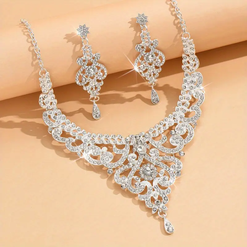 Silver Rhinestone Flower Set 3pcs Earrings + Necklace