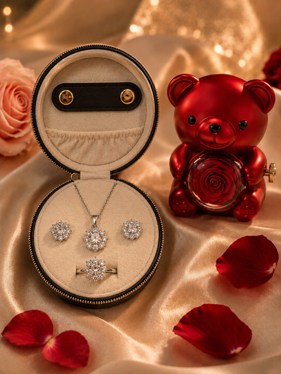 Red teddy bear gift box with preserved rose and jewellery set