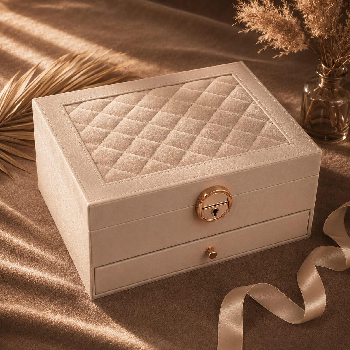 Open lid showing the top tray with rings, earrings and a watch cushion