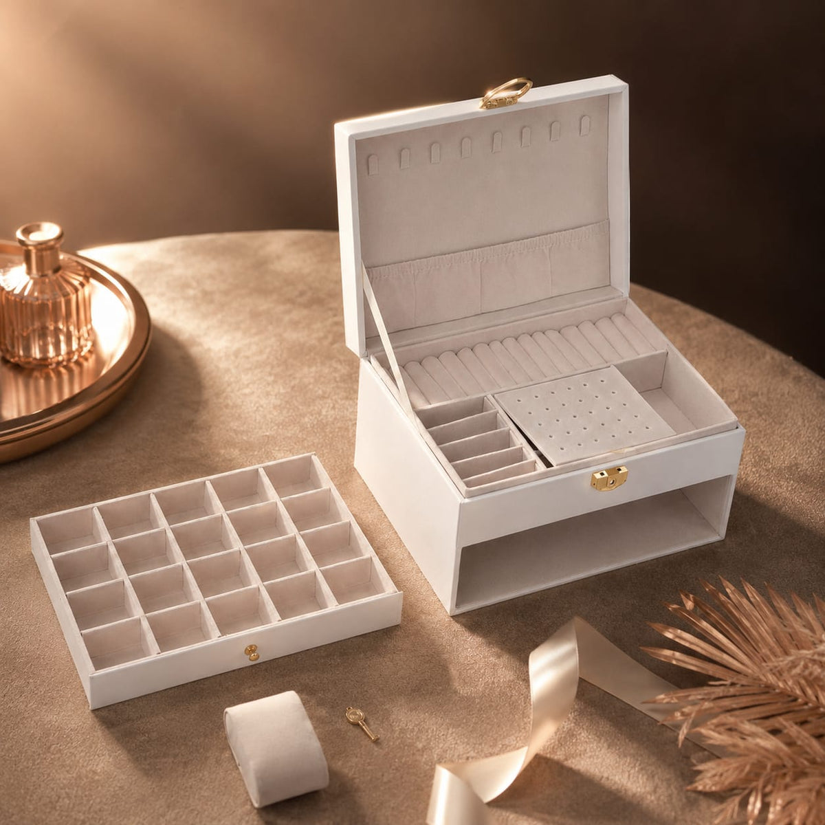 The closed two-layer jewelry box, compact and slim enough to pack for travel