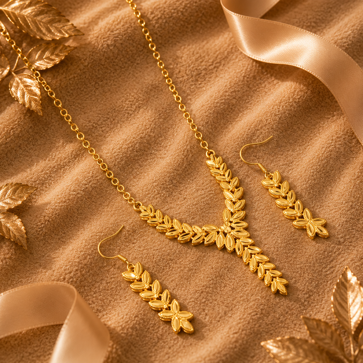 Wheat Spike Necklace Set - Gold-Plated