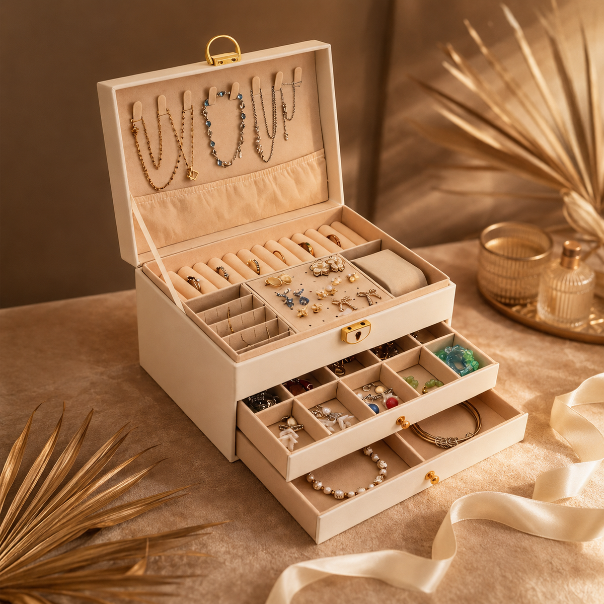 Three-Layer Jewellery Box — Velvet-Lined (+ FREE Crystal Set)