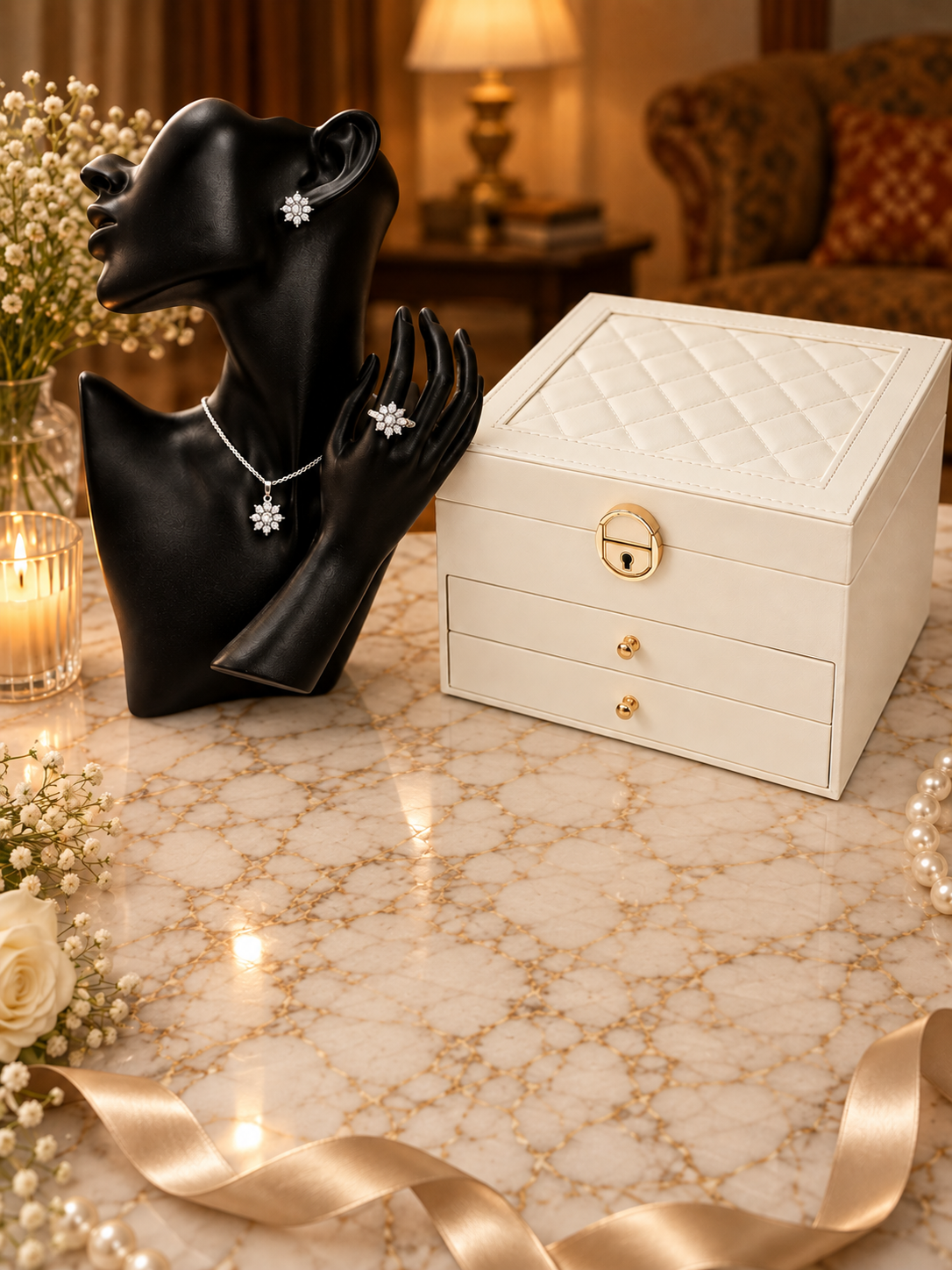 Three-Layer Jewellery Box — Velvet-Lined (+ FREE Crystal Set)