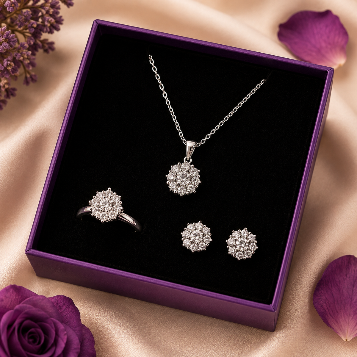 The jewellery set that comes with the bear — a pendant necklace and matching earrings