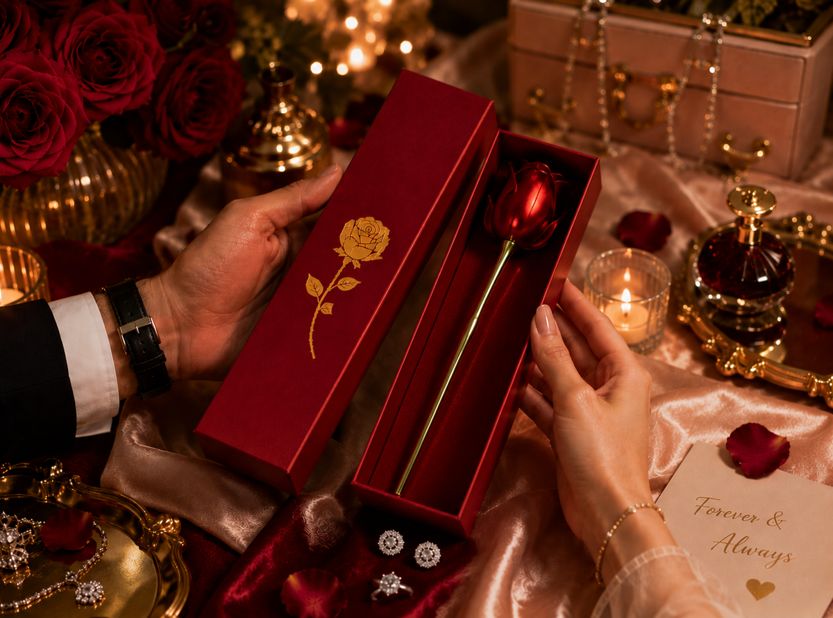 A decorative rose resting on a satin cushion inside the open gift box