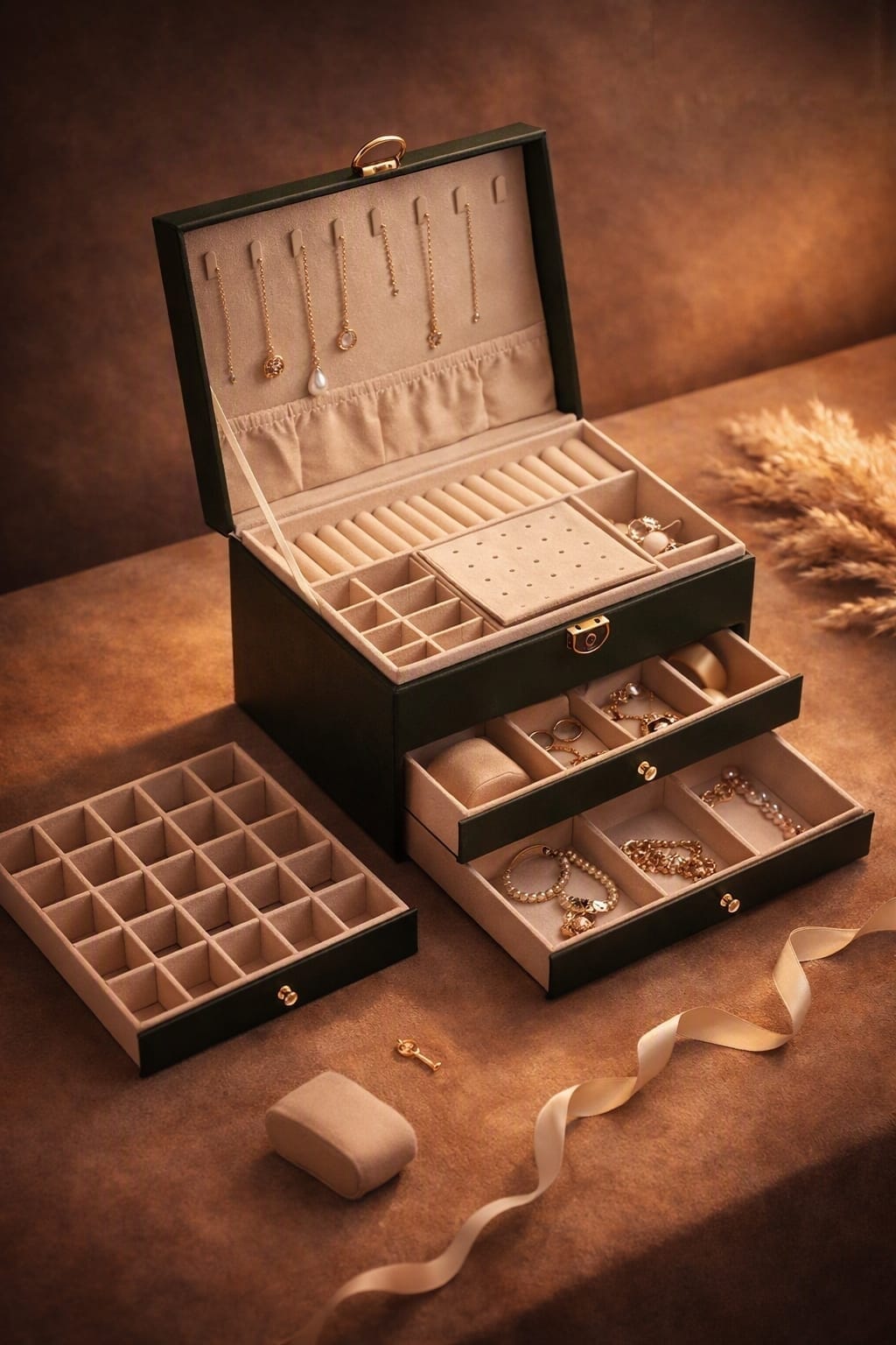 An open dark green jewelry box with cream-colored compartments and velvet lining, shown on a warm brown surface. The box has multiple drawers and hanging rings, with jewelry pieces displayed inside.