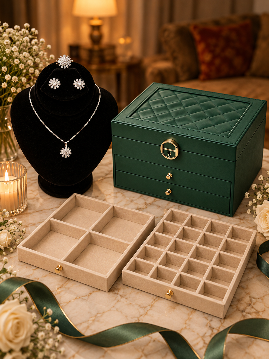 Three-Layer jewellery box in emerald green with the free crystal set