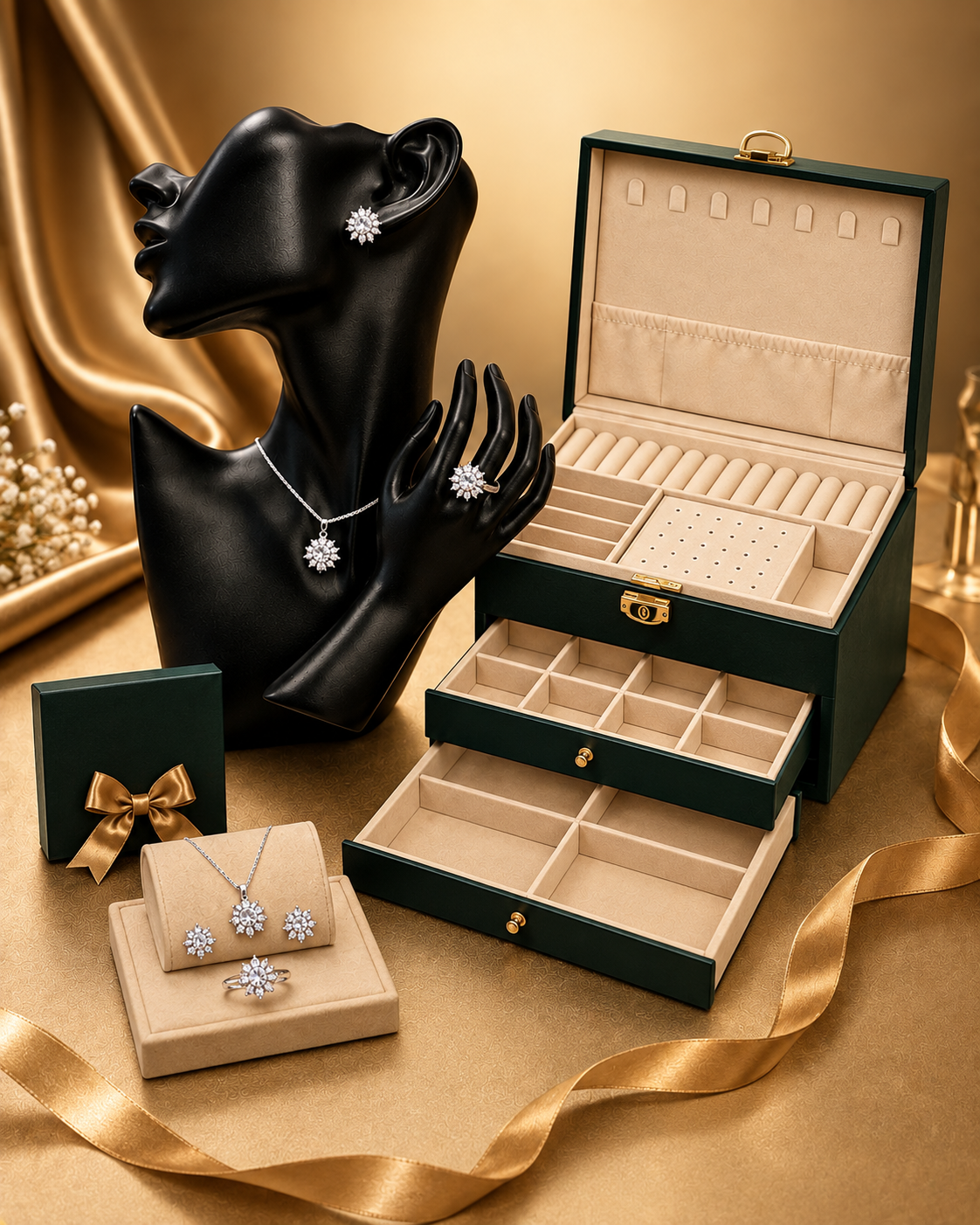 Three-Layer Jewellery Box — Velvet-Lined (+ FREE Crystal Set)