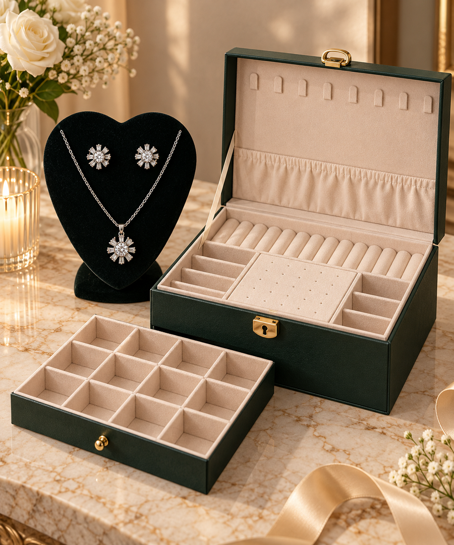 Two-Layer jewellery box in green with the free crystal jewellery set