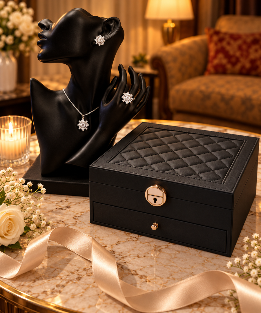 Two-Layer jewellery box on a vanity with the free crystal set
