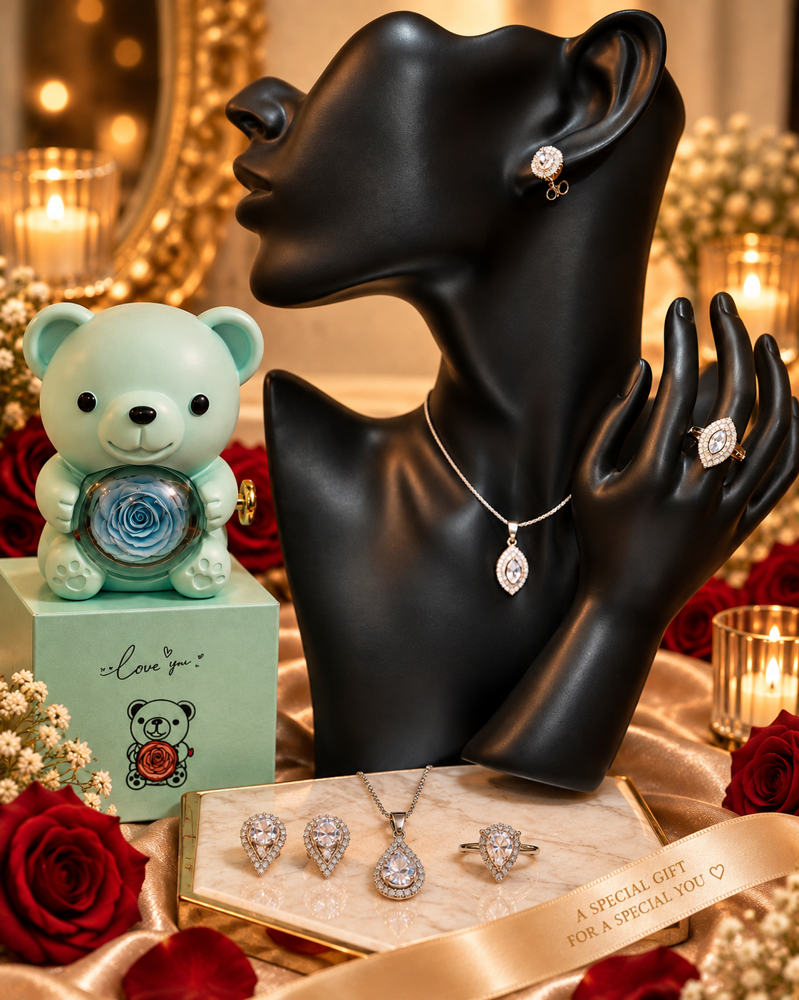 A styled jewelry display featuring a black female mannequin bust wearing a silver teardrop pendant necklace and matching earrings, with additional jewelry laid out in front including rings, a pendant, and a heart-shaped charm. A mint green teddy bear figurine sits on a box labeled 'I love you' to the left.