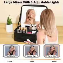 Travel Makeup Bag with LED Make up Case with Vanity Mirror 3 Color Setting Cosmetic Box Organizer for Beauty Tools Accessories
