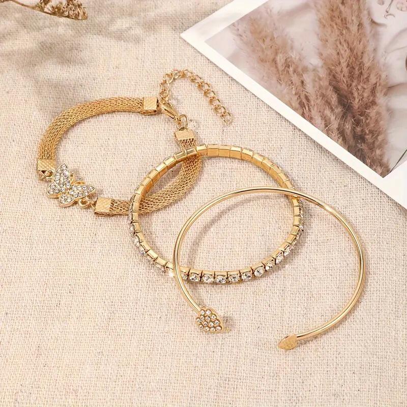 3pcs Butterfly Charm Bracelet Set With Rhinestones