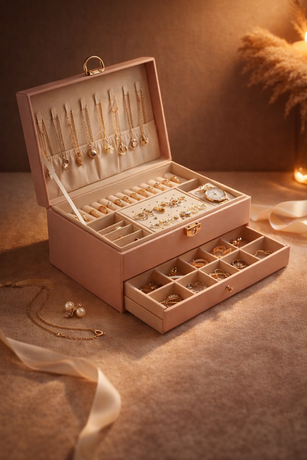 The pull-out drawer slid open beneath the top tray, holding necklaces and bangles