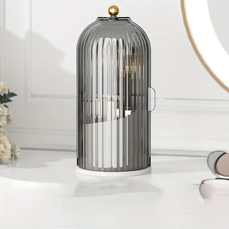 Stylish cylindrical design with ribbed texture, 360-degree rotating makeup organizer