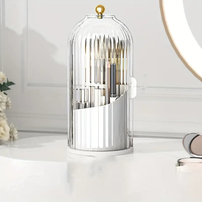 Stylish cylindrical design with ribbed texture, 360-degree rotating makeup organizer
