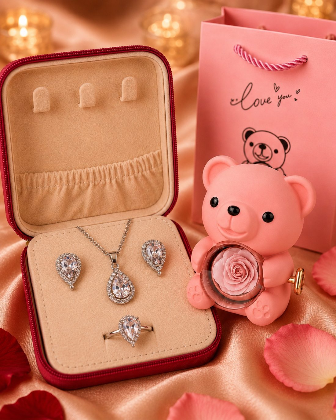 Royalty Smith pink bear gift box holding a preserved rose behind a glass window