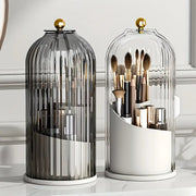 Stylish cylindrical design with ribbed texture, 360-degree rotating makeup organizer