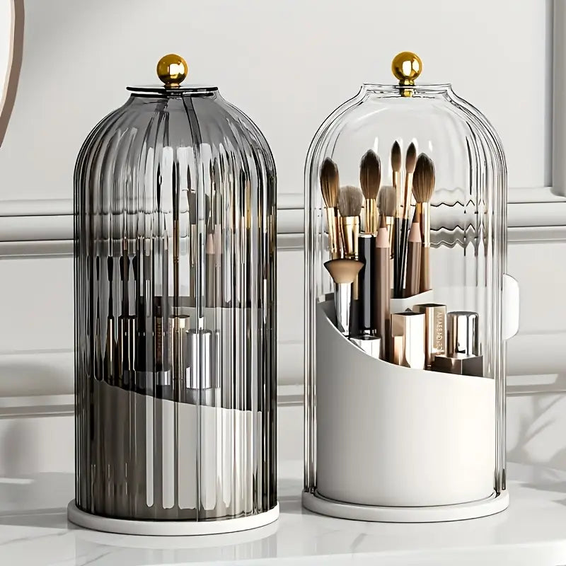 Stylish cylindrical design with ribbed texture, 360-degree rotating makeup organizer