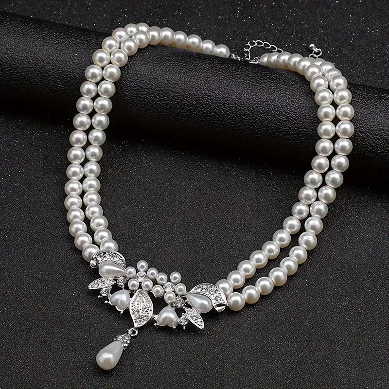 3-Piece Set,Silver Glass Pearl Necklace with Earrings