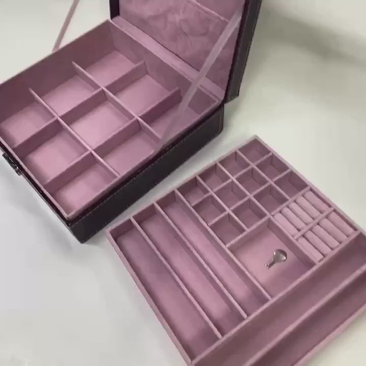 Load video: double-layer square  Leather Jewelry Box